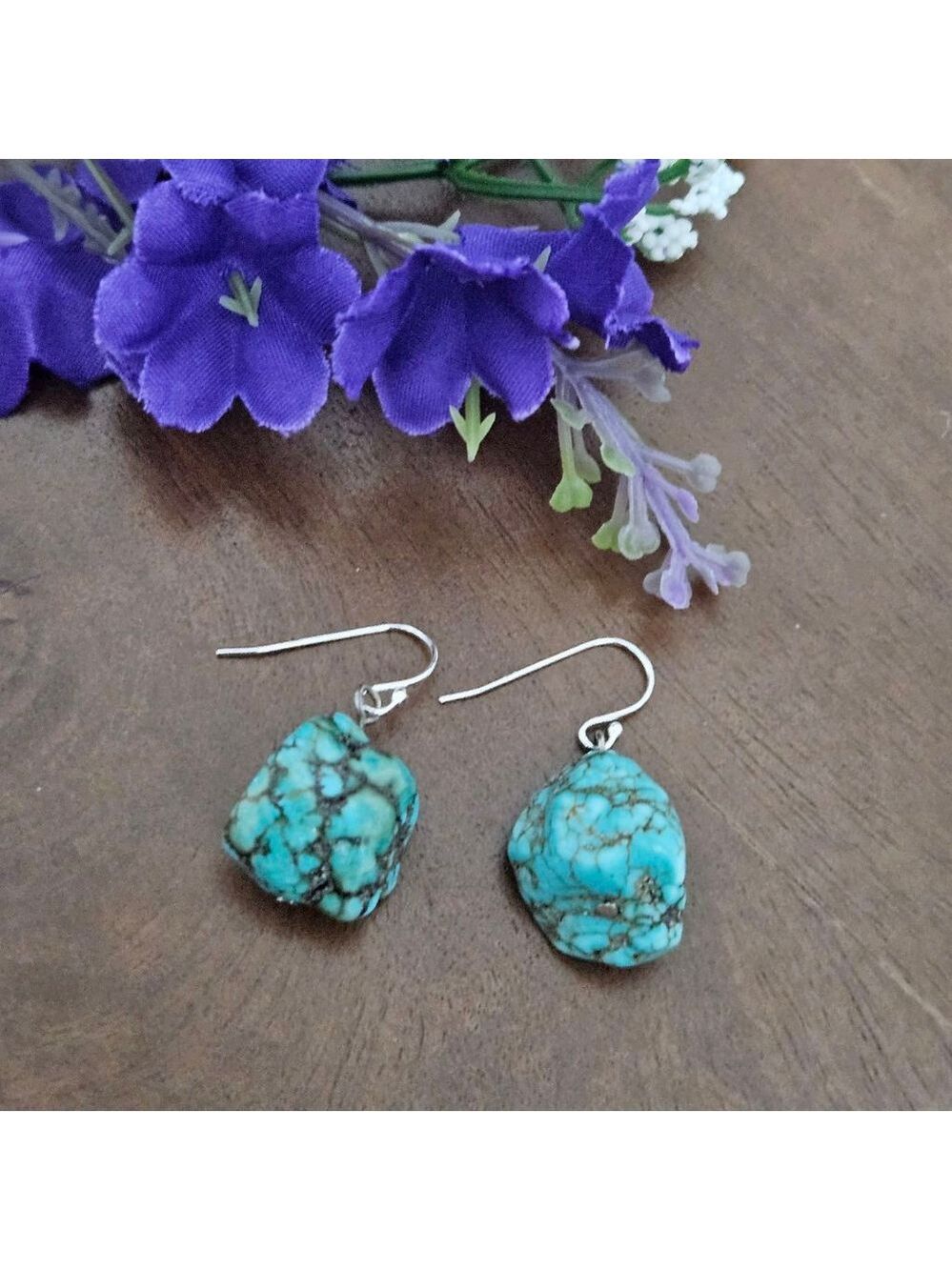 Vintage Sterling Silver Turquoise Nugget Stone Women's Earrings - Picture 1 of 4